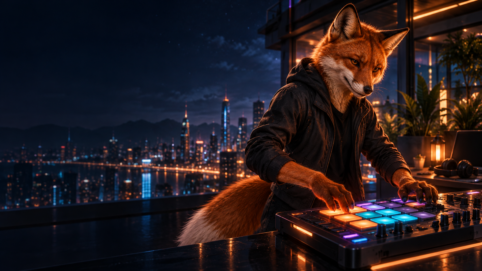 Illustration: a red fox in a dark hooded jacket at night, its face lit warmly from below, with glass walls and city lights behind it.