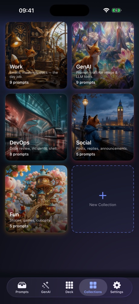 Collections screen: picture tiles for Work (Emails, meetings, docs — the day job; 9 prompts), GenAI (Prompt-craft for image & LLM tools; 9 prompts), DevOps (Code review, incidents, shell; 8 prompts), Social (Posts, replies, announcements; 5 prompts) and Fun (Stories, games, curiosity; 5 prompts), and a New Collection tile.
