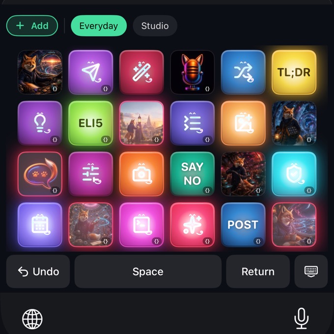 The PromptLux keyboard with the Everyday deck and Pad glow on: an Add button and the deck chips Everyday and Studio above four rows of six pads — fox story pictures, a fox-eared microphone and a speech-bubble picture, neon glyph caps and label caps reading TL;DR, ELI5, SAY NO and POST, most with a small {} tab — then Undo, Space and Return keys.