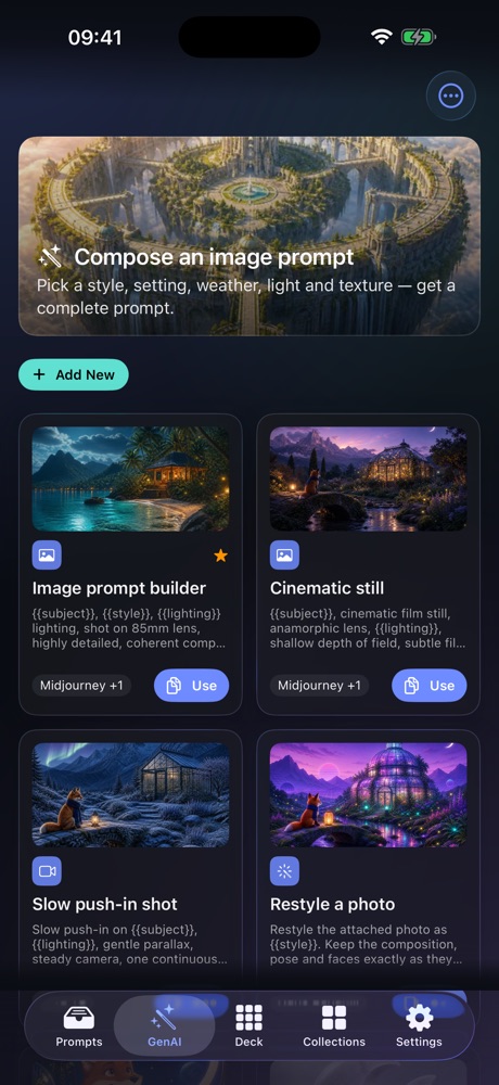 GenAI tab: a Compose an image prompt banner and an Add New button above picture cards — Image prompt builder and Cinematic still, both tagged Midjourney +1, each with a Use button; below them Slow push-in shot and Restyle a photo, cut off by the tab bar.